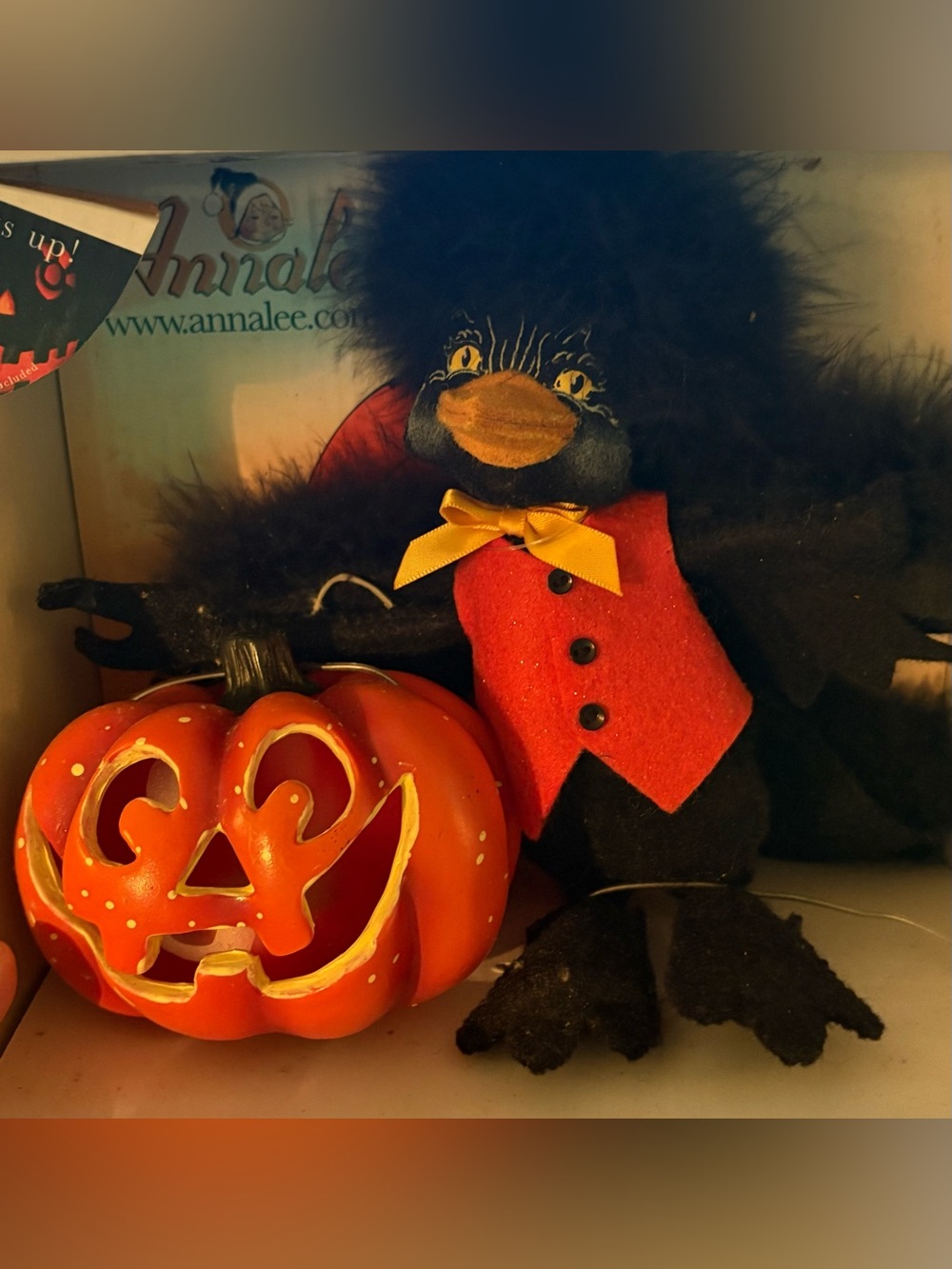 Annalee 2009 Jack O Lantern Crow with Lighted Pumpkin 8" Halloween Doll, NIB